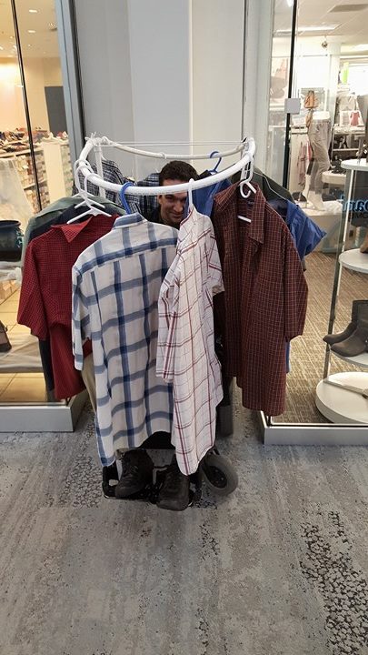 For a Where's Waldo youth activity in our ward, I was asked to come to the mall and look 'inconspicuous'. Haha, yeah right. Tess constructed a PVC pipe framework to turn me into a clothes rack.